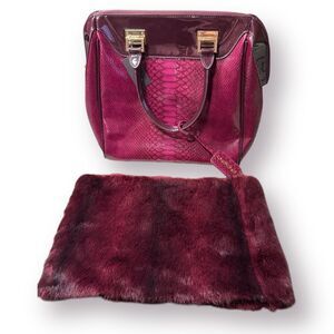 Bebe Set‎ Snakeskin Embossed Burgundy Satchel Hand Bag with Fur Top One Size